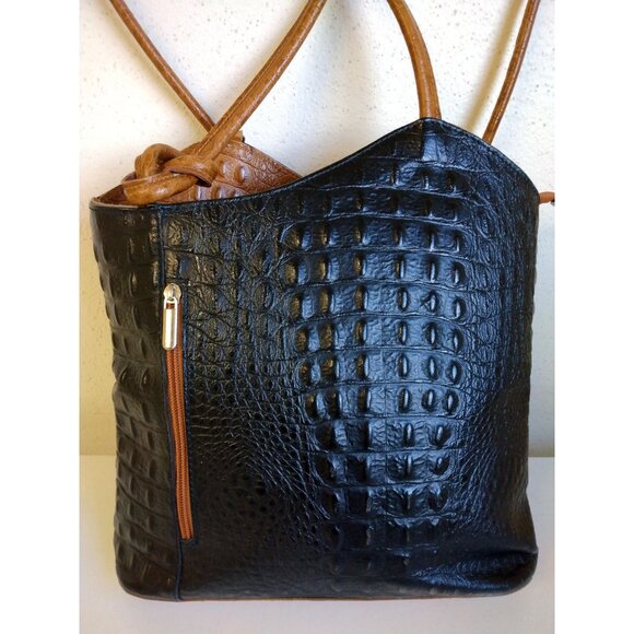 Vera Pelle Convertible Croc Embossed Leather Backpack Bag Purse in Black and Tan main image 8